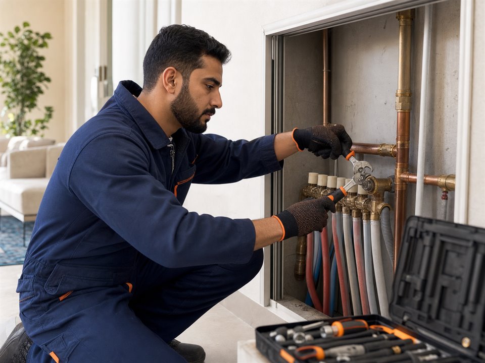 Professional plumber repairing a residential plumbing manifold in Riyadh